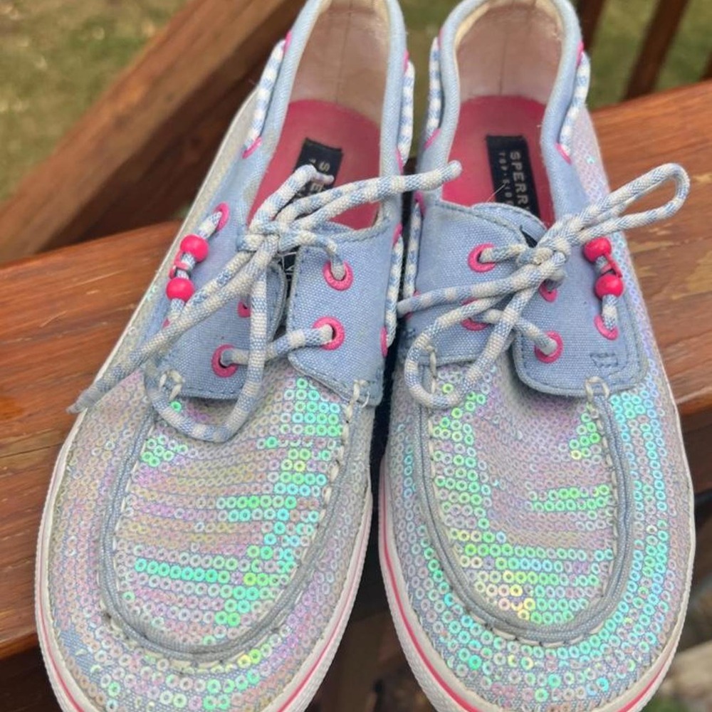 Sperry Top-Sider Bahama Girls Youth 4 Iridescent Sequin Pink Blue Boat Shoes